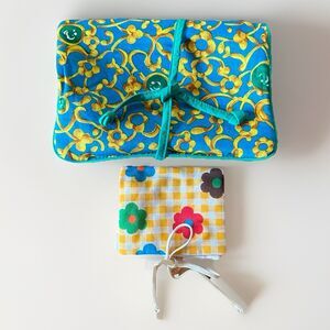 Oscar de la Renta Vintage Travel Cosmetic Jewelry Bag Pouch Green Gold Floral